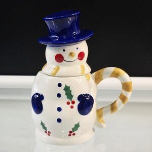 Snowman Mug With Blue Hat Lid Temptations Presentable Ovenware By Tara Ceramic